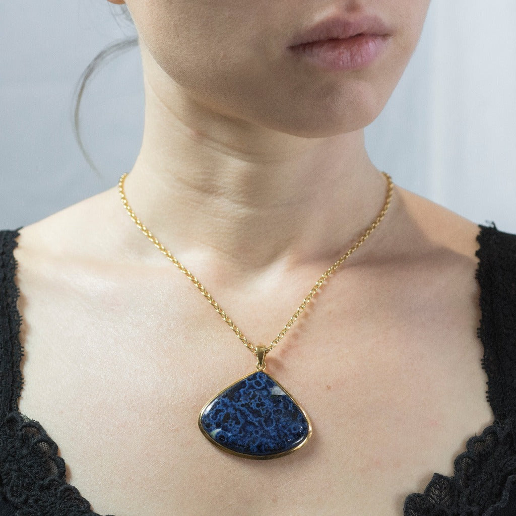 Dark Blue Hues triangular 14k yellow gold vermeil Azurite Necklace on model