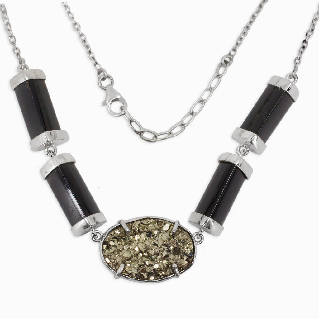Pyrite Cluster and Faceted Black Tourmaline Sterling Silver Statement Necklace Made In Earth