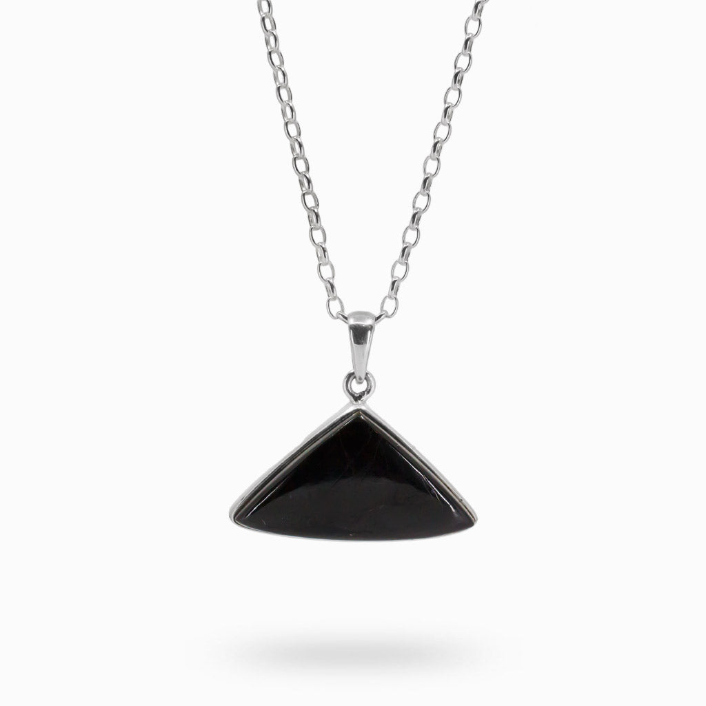 Black Tourmaline Cabochon Triangle Necklace In Sterling Silver