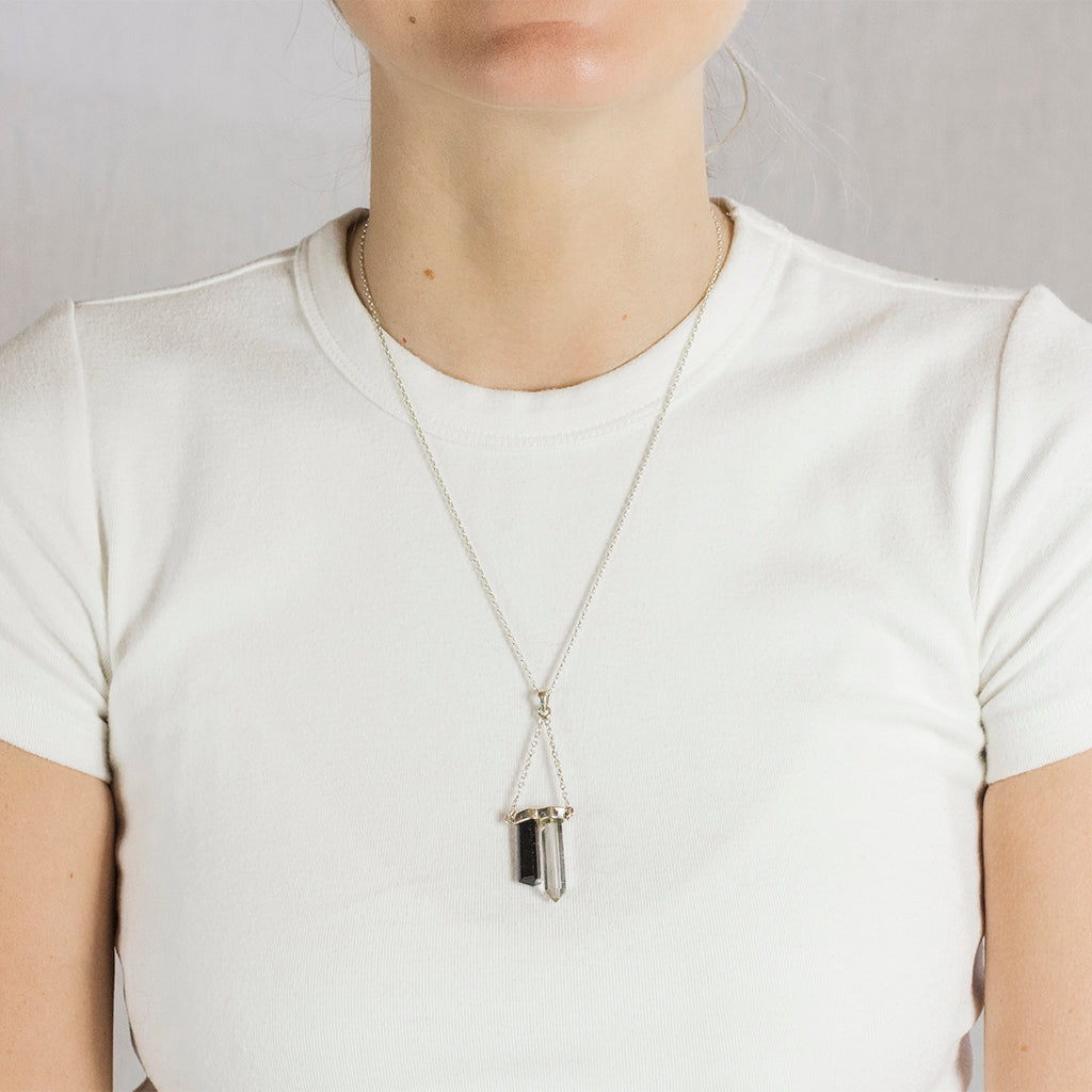 Model Wearing Black Tourmaline and Quartz Necklace Made In Earth