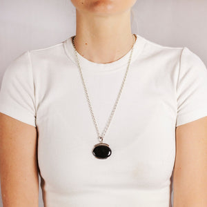 Model Wearing Oval Cabochon Black Tourmaline Necklace