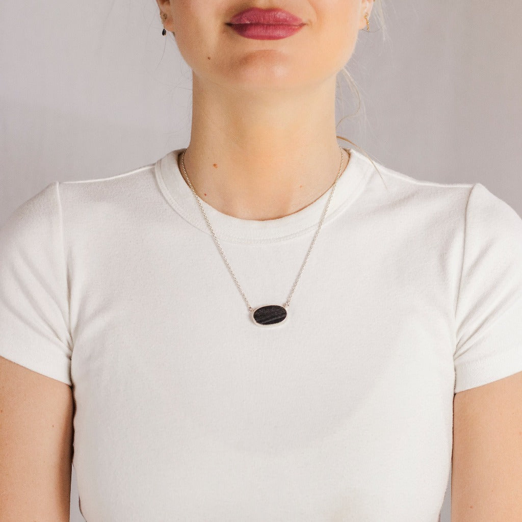 Black Horiztonal Oval Tourmaline Necklace Made in Earth On Model