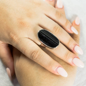 Model's Hand Wearing Black Tourmaline Ring Made in Earth