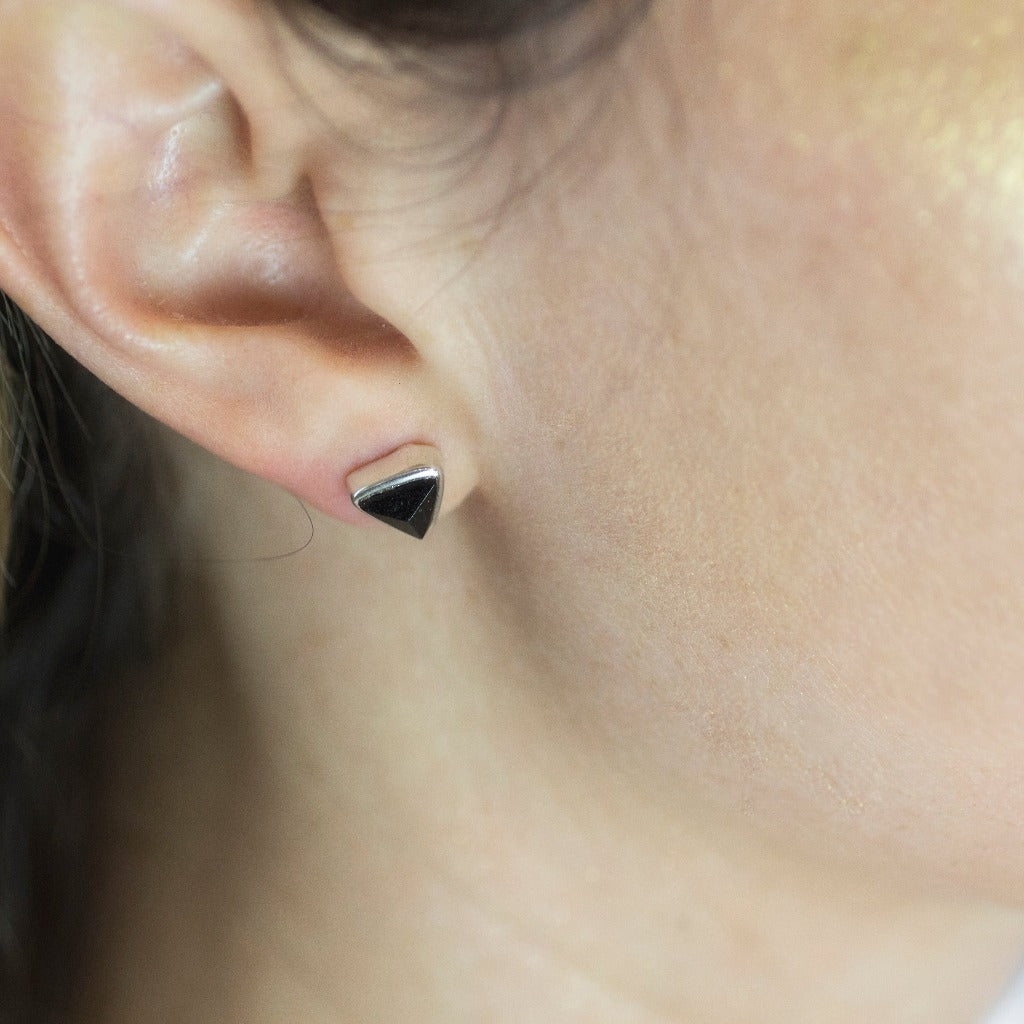 Triangle Black Tourmaline Stud Earrings On Model Made In Earth