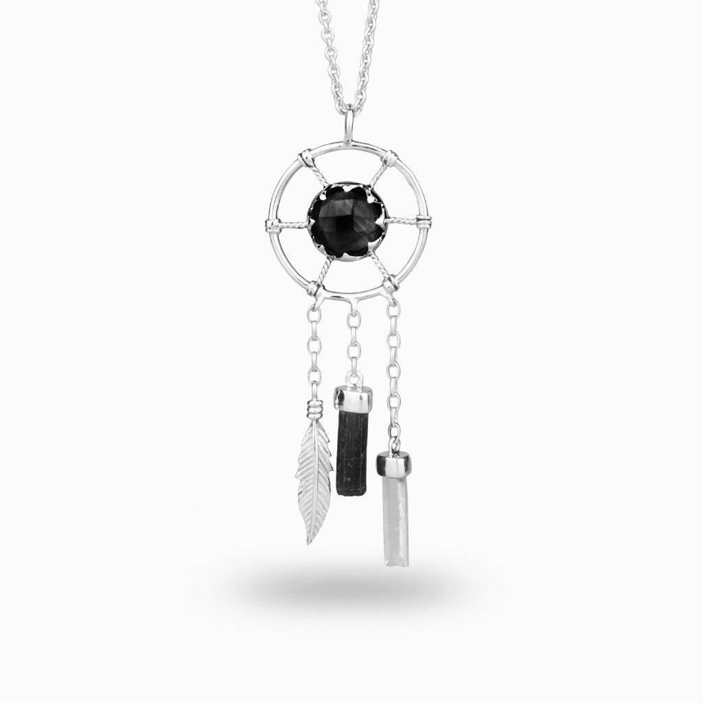 Black Onyx crystal, Black Tourmaline gemstone& Laser quartz crystal Dreamcatcher Necklace Made in Earth