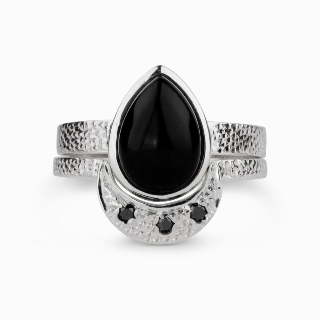 Black Onyx Teardrop and Black Diamond Ring Made in Earth