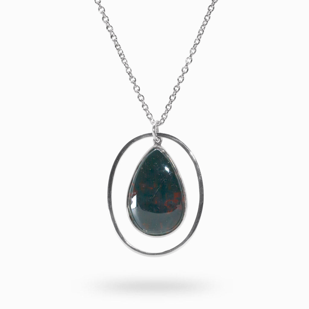 Green and red cabochon Teardrop Bloodstone Necklace