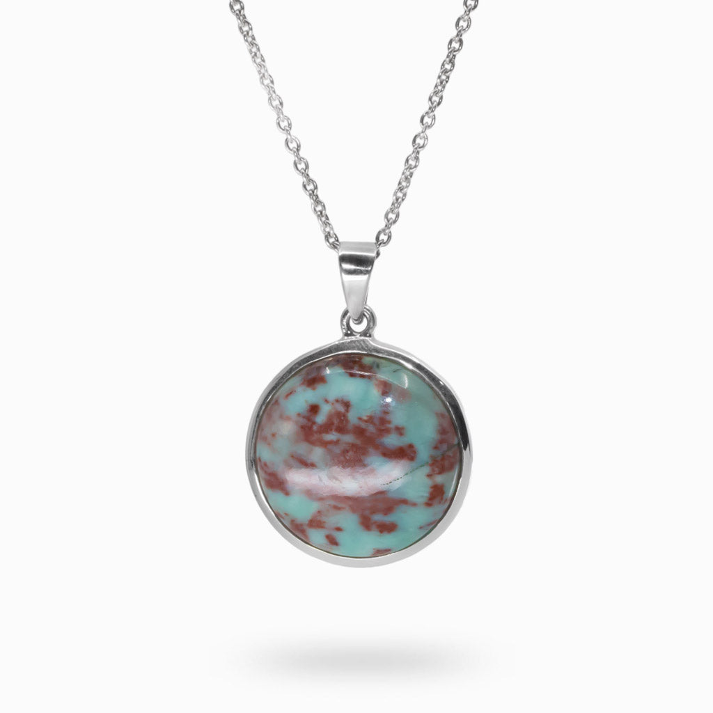 Round cabochon Light Blue and red accent Bloodstone Necklace