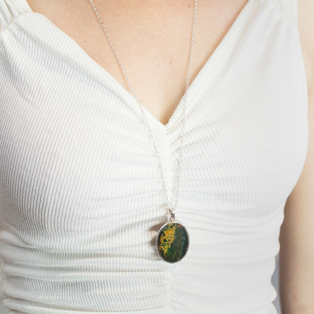 Green yellow and red Oval Cabochon sterling silver Bloodstone necklace on model