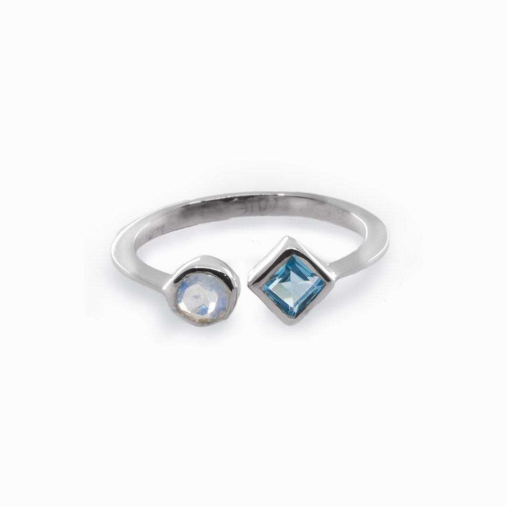 Blue Topaz & Rainbow Moonstone Ring Made in Earth