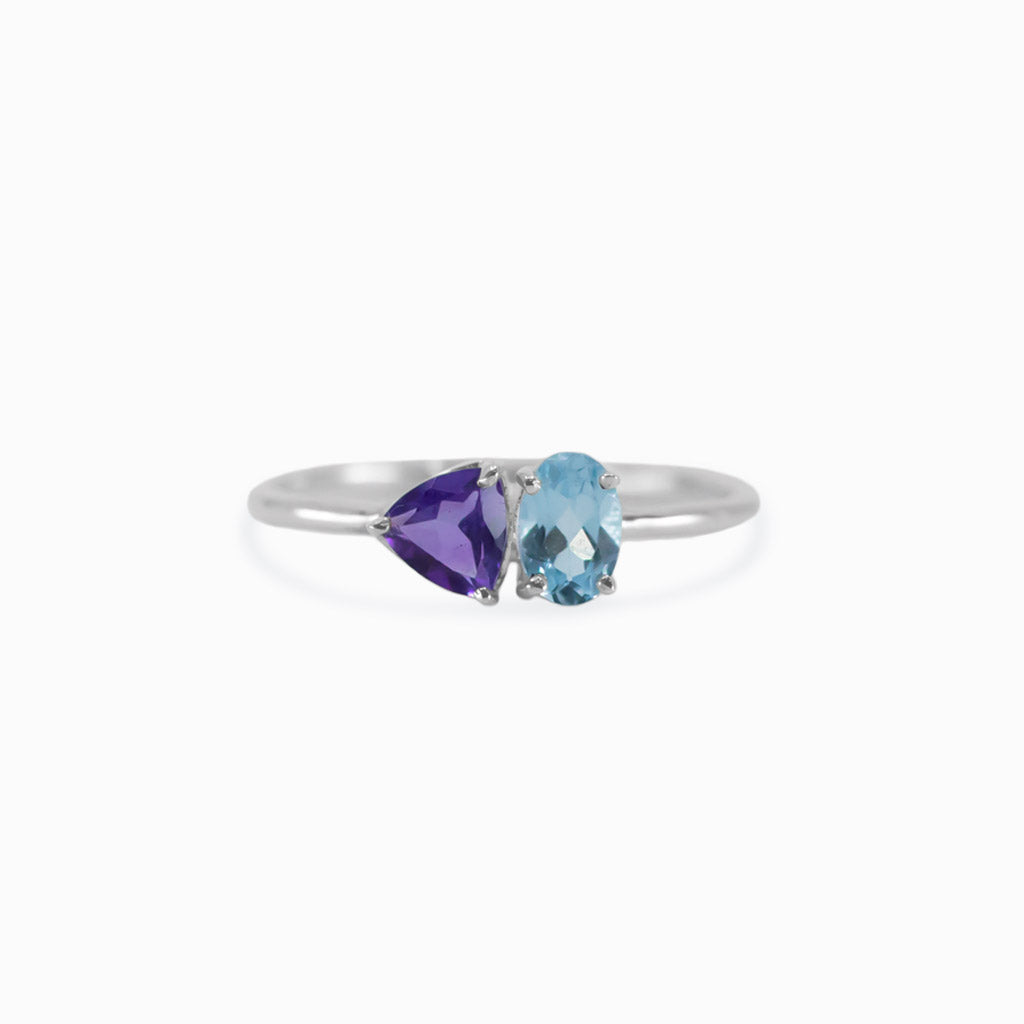faceted Blue Topaz and Amethyst ring