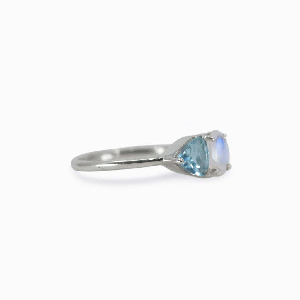 Faceted Blue Topaz and Faceted Rainbow Moonstone rings