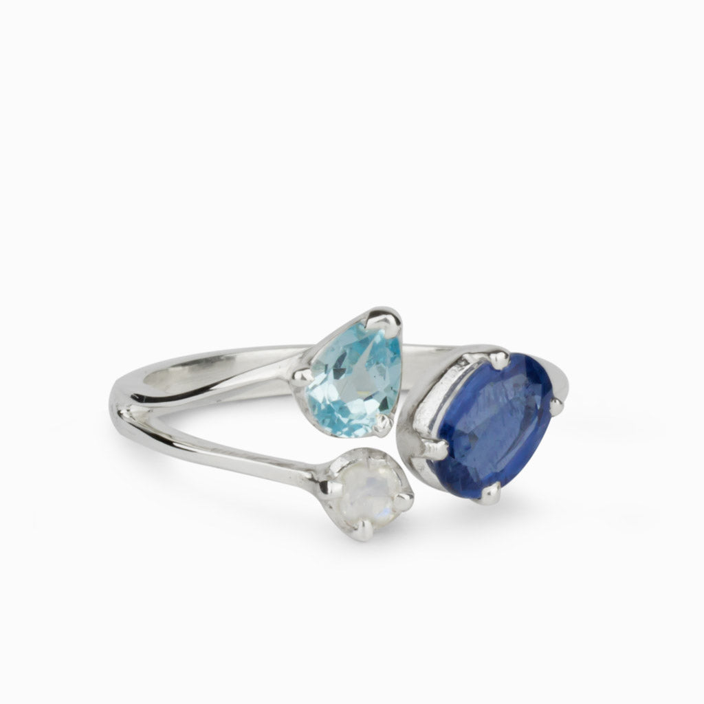 Kyanite, Rainbow Moonstone, & Blue Topaz Ring