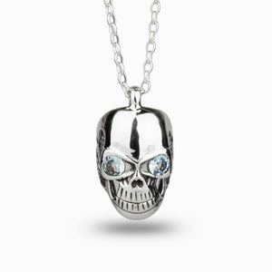 Silver Skull Necklace with light blue topaz crystals Blue Topaz Necklace made in earth