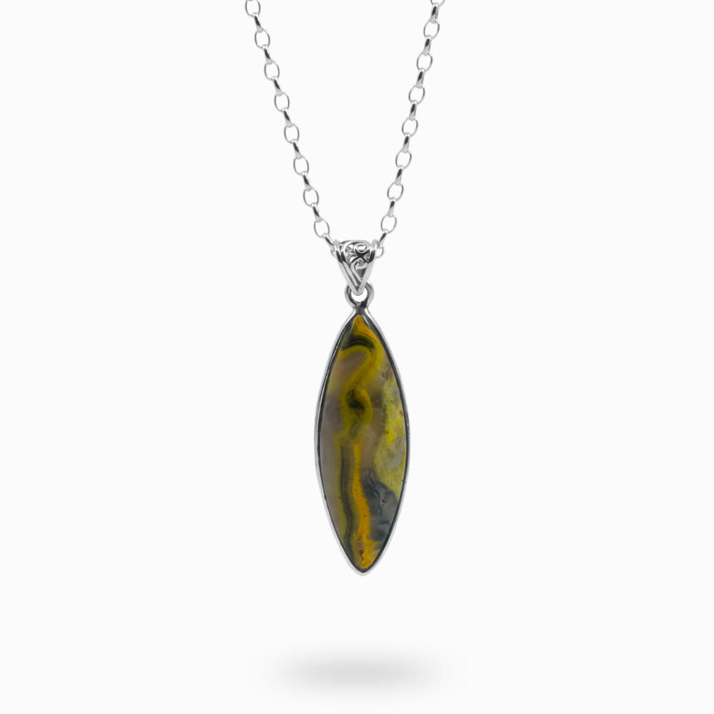 MARQUIS CABOCHON YELLOW-GRAY STERLING SILVER BUMBLE BEE JASPER NECKLACE