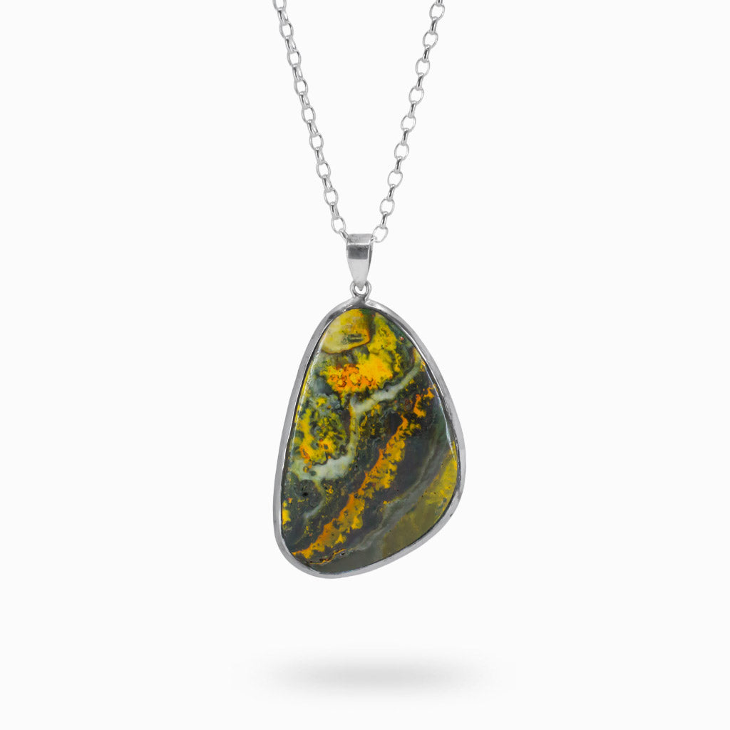 ORGANIC SHAPED CABOCHON YELLOW-GRAY BANDED STERLING SILVER BUMBLE BEE JASPER NECKLACE