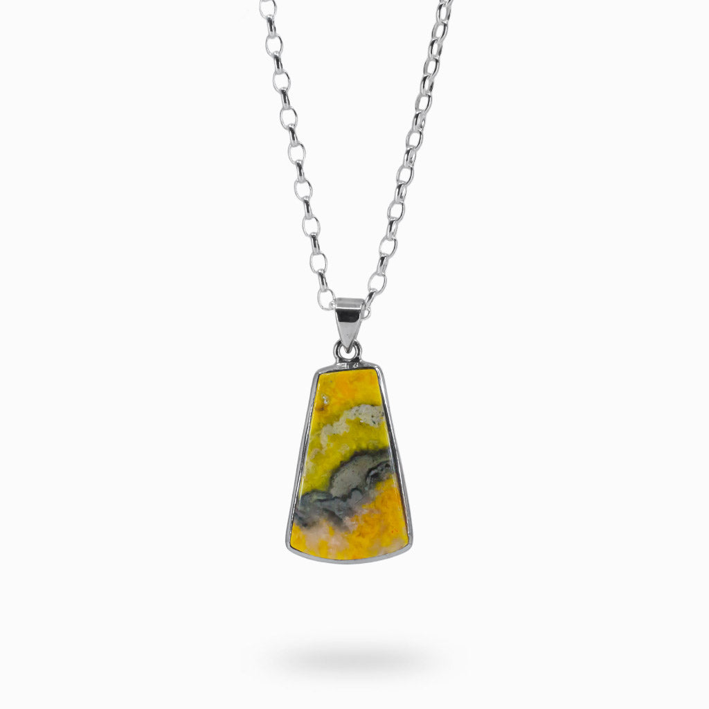 TRAPEZOID CABOCHON YELLOW-GRAY STERLING SILVER BUMBLE BEE JASPER NECKLACE