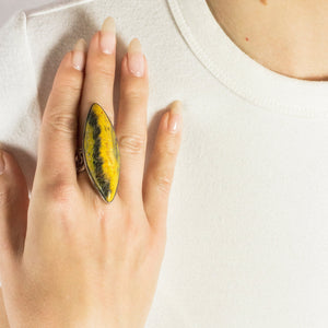 Model Wearing Marquis Filagree Bumblebee Jasper Yellow and Black Ring Made In Earth