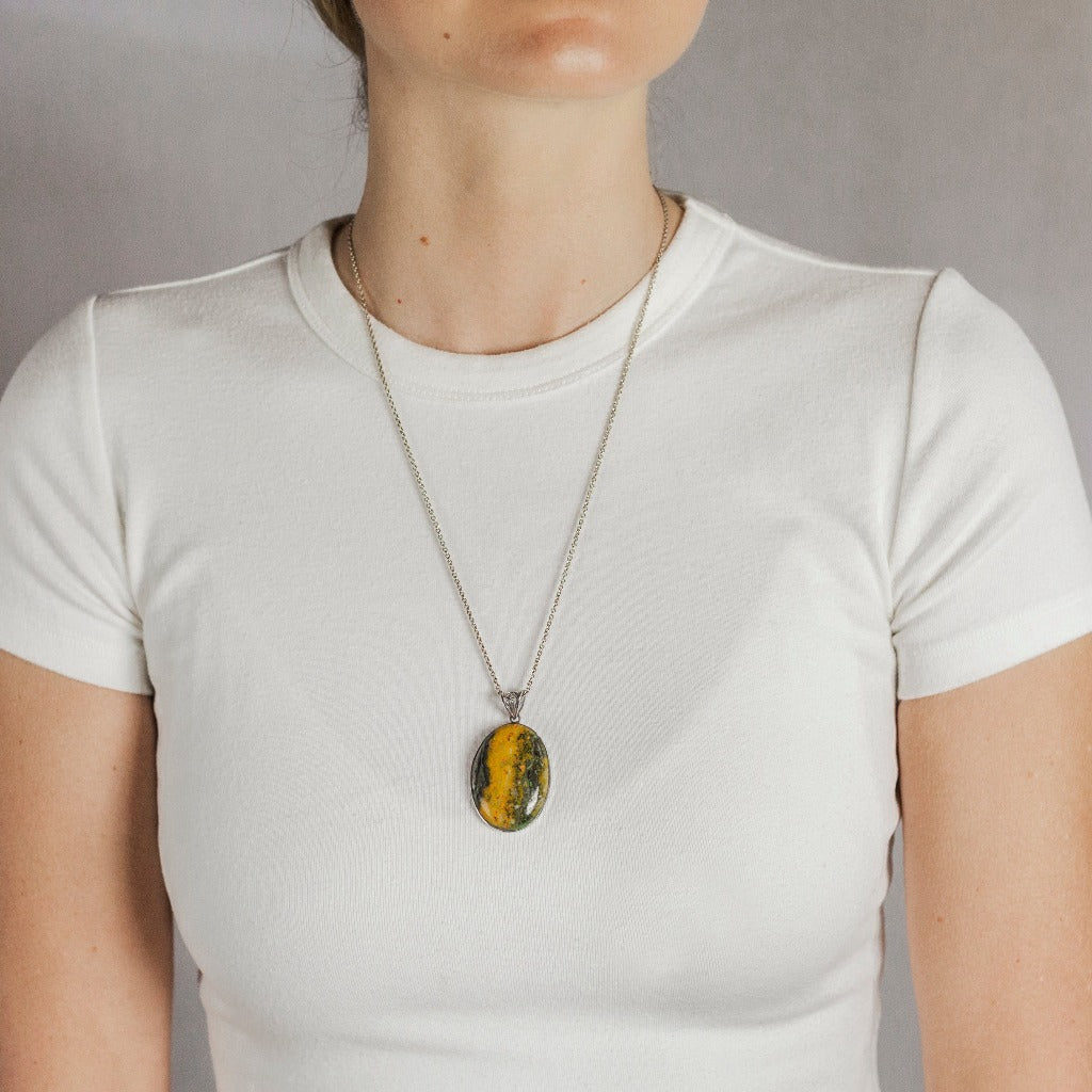 Cabochon Yellow and Black Oval Bumblebee Jasper Necklace On Model
