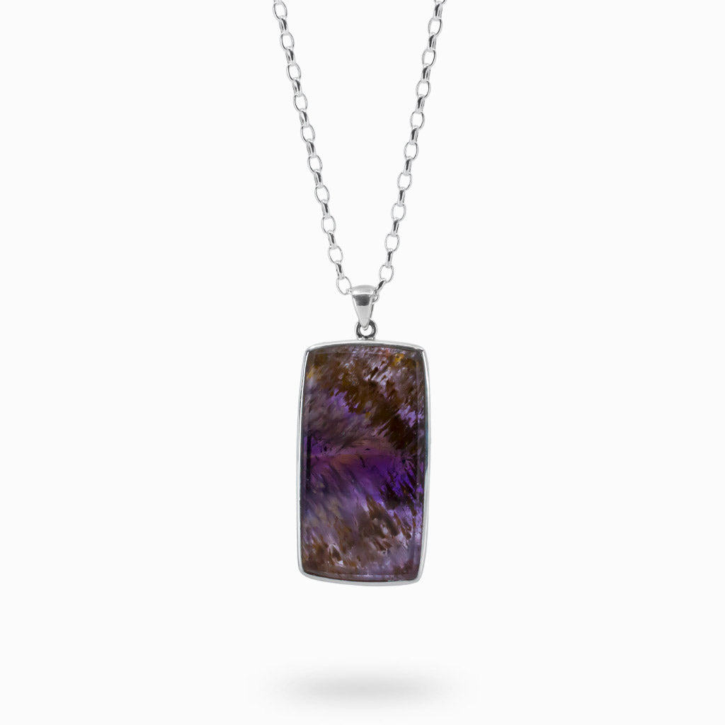 PURPLE BROWN CAB RECTANGLE STERLING SILVER CACOXENITE NECKLACE