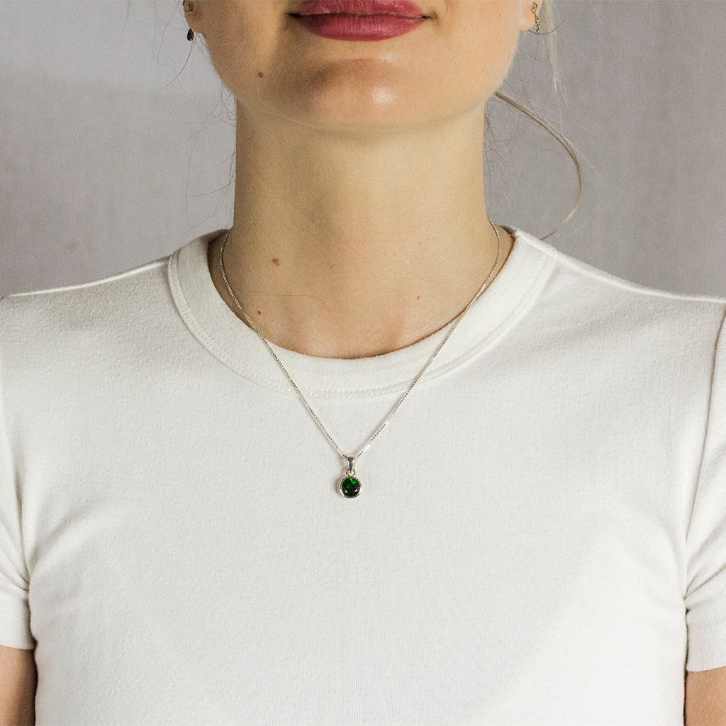 Model Wearing Forest Green Circle Chrome Diopside Necklace Made In Earth