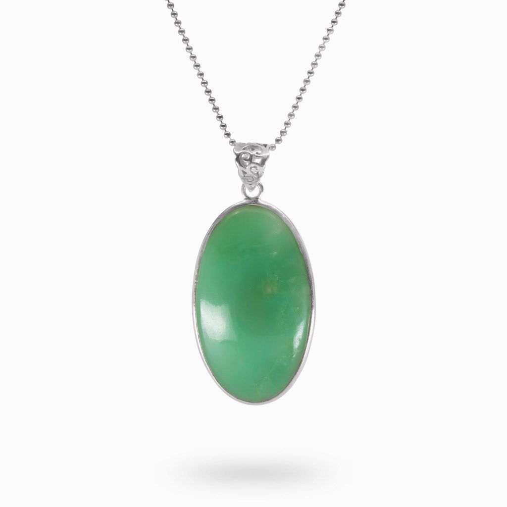 Sterling Silver Oval Green Cabochon Chrysoprase Necklace