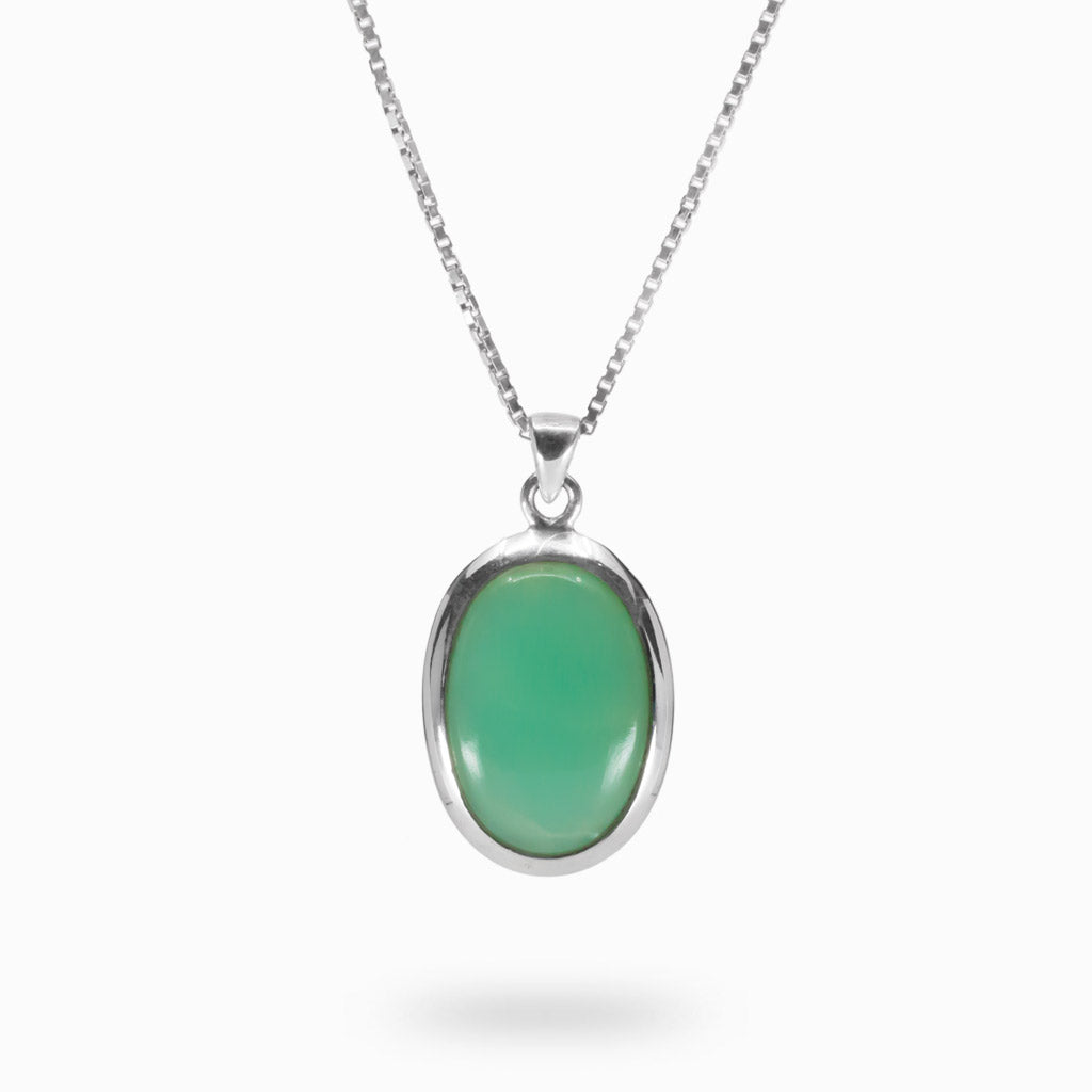 Sterling Silver Green Oval Cabochon Chrysoprase Necklace