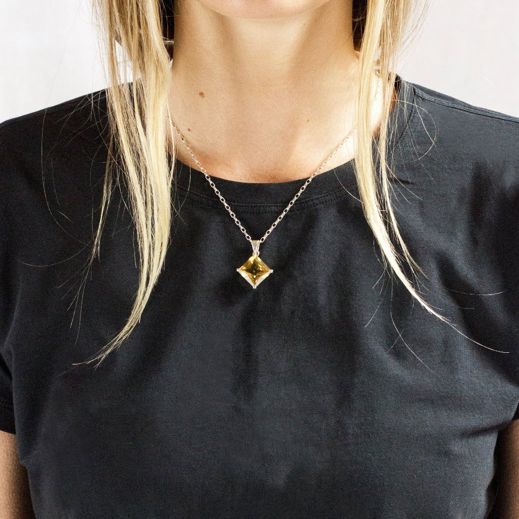 Model Wearing Yellow square faceted Citrine Necklace made in earth
