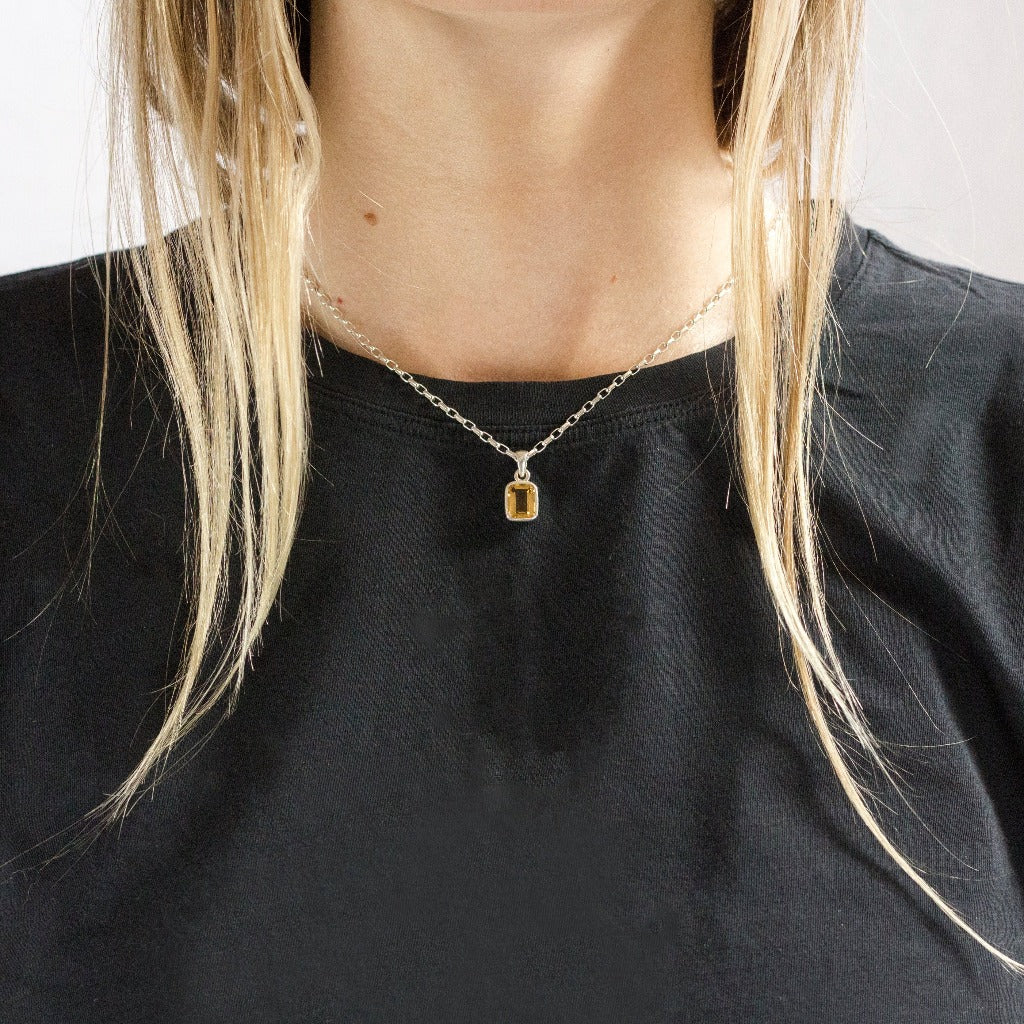 Yellow rectangle citrine necklace made in earth On Model