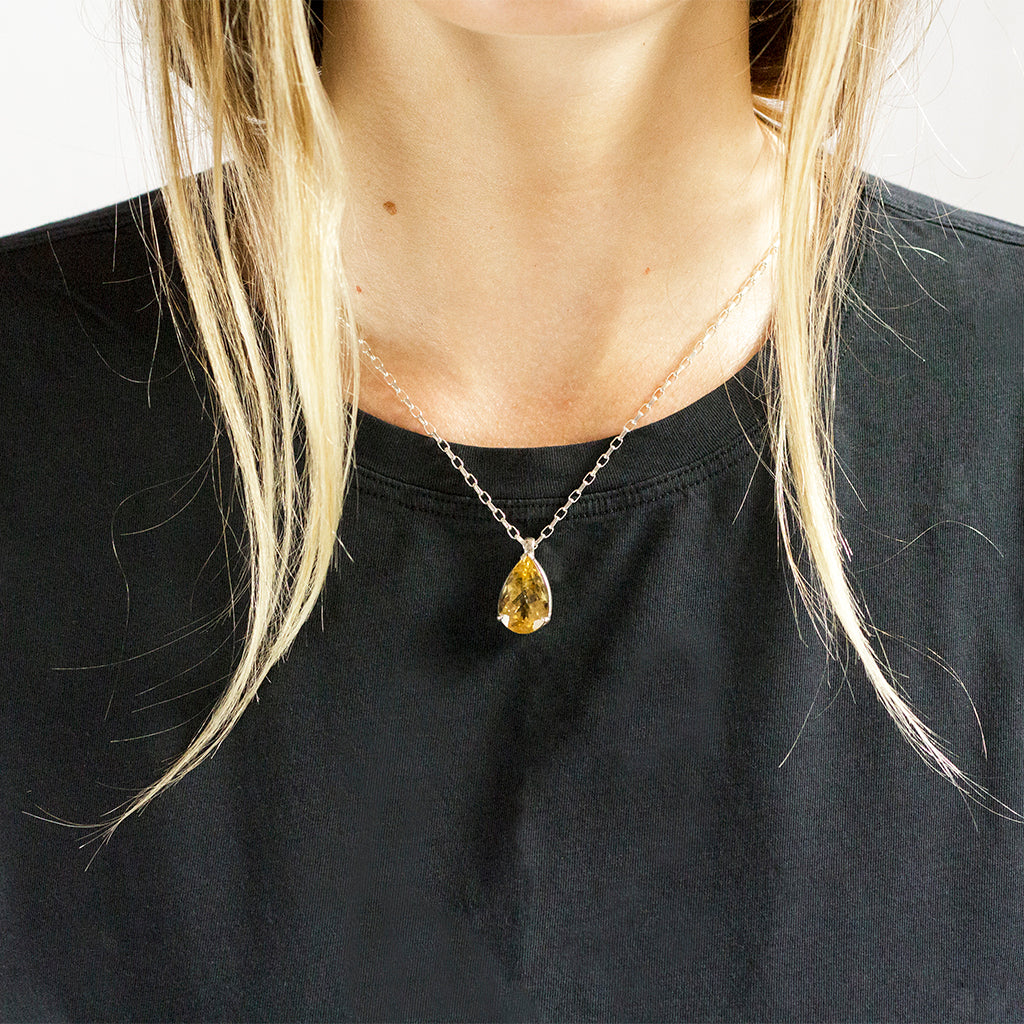 Model Wearing Yellow teardrop Citrine necklace made in earth