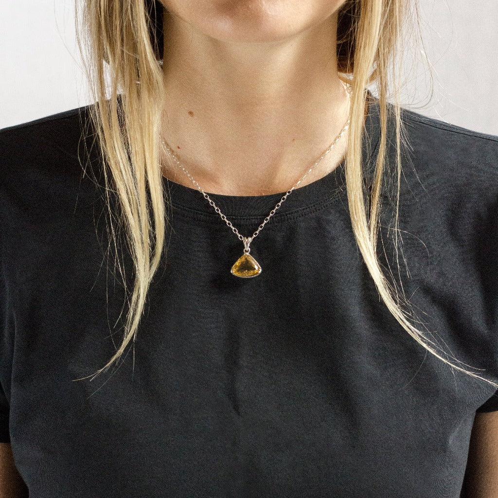 Yellow faceted reverse teardrop Citrine necklace made in earth on model