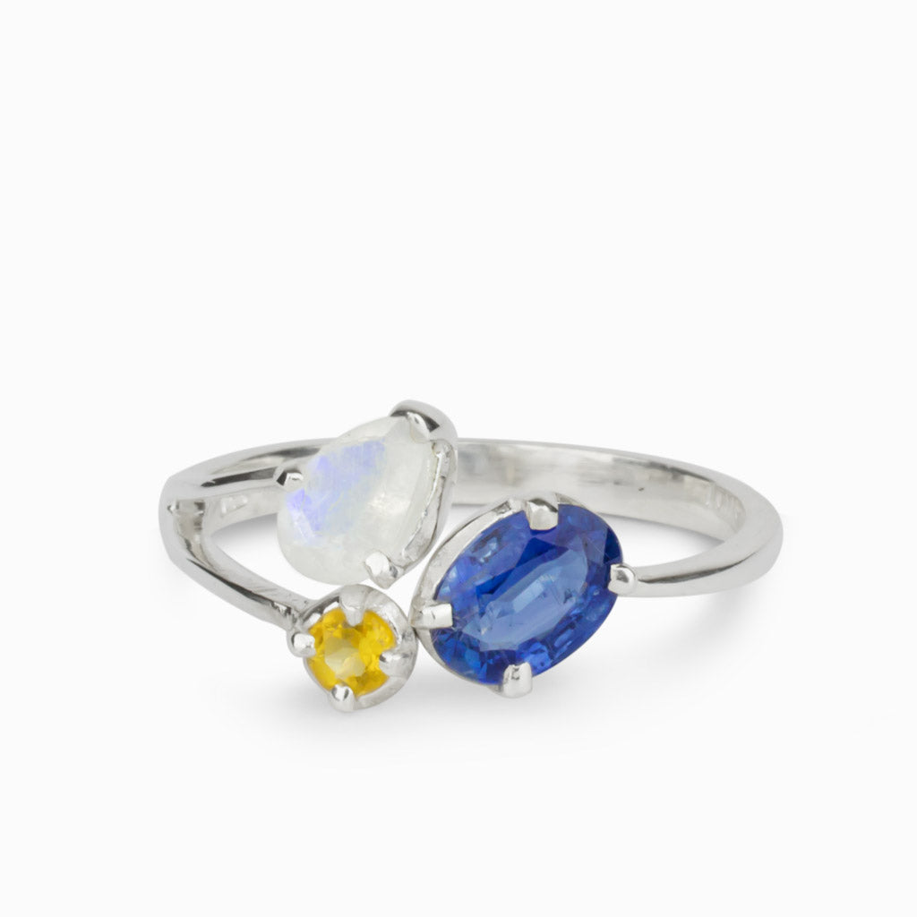 Tricolor ring: Blue Kyanite, Translucent Purple Rainbow Moonstone, & Yellow Citrine Ring Made in Earth