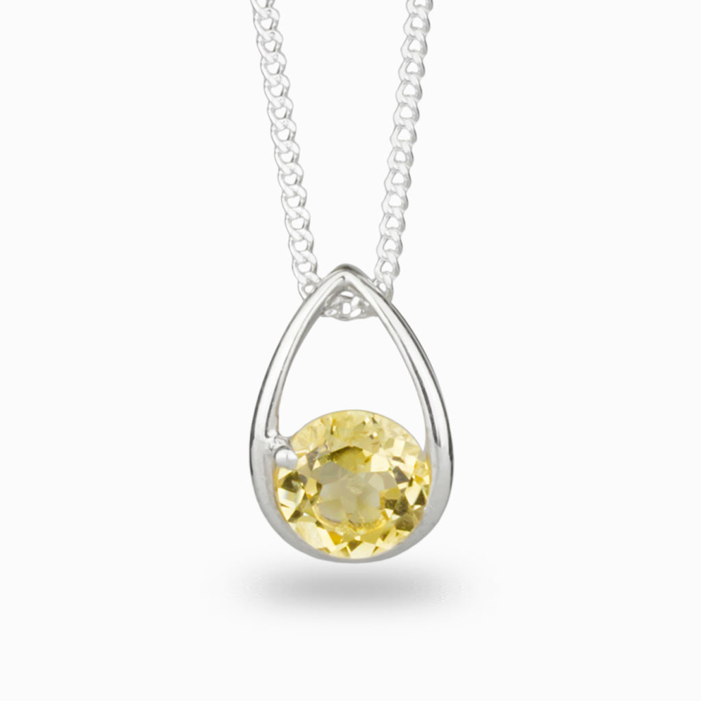 Yellow faceted circle Citrine Pendant set in silver teardrop frame citrine necklace made in earth