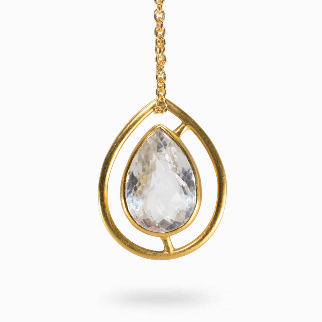 tear drop clear quartz pendant set in 14k gold vermeil teardrop frame Clear Quartz necklace made in earth