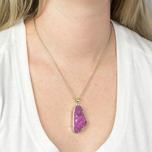 Sterling silver druzy organic Cobaltian Calcite necklace on model