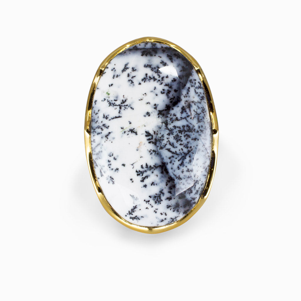 White Black Speckled Dendritic Opal Ring
