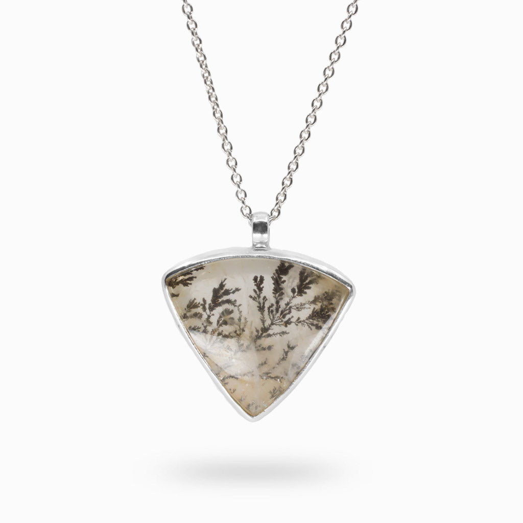 Reverse rounded triangle Milky grey with fern like structures Dendritic Quartz necklace made in earth