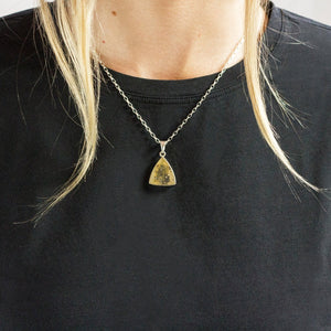 Triangle Yellow with fern like structures Dendritic Quartz necklace made in earth on Model