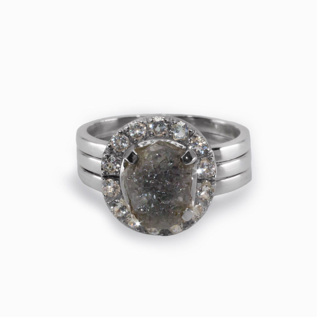 Grey Raw Diamond set in White Topaz Crystals Ring Made in Earth