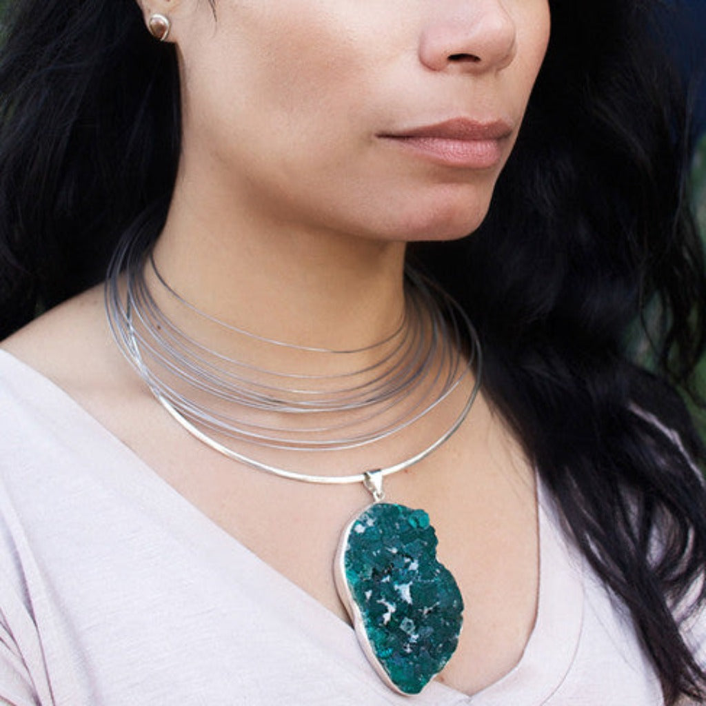 sterling silver Blue raw Organic Dioptase Necklace
