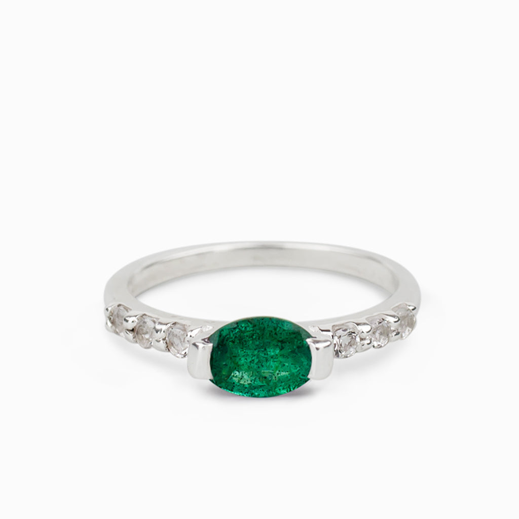 Green Emerald & set in a silver band with White Topaz Crystals Ring Made in Earth