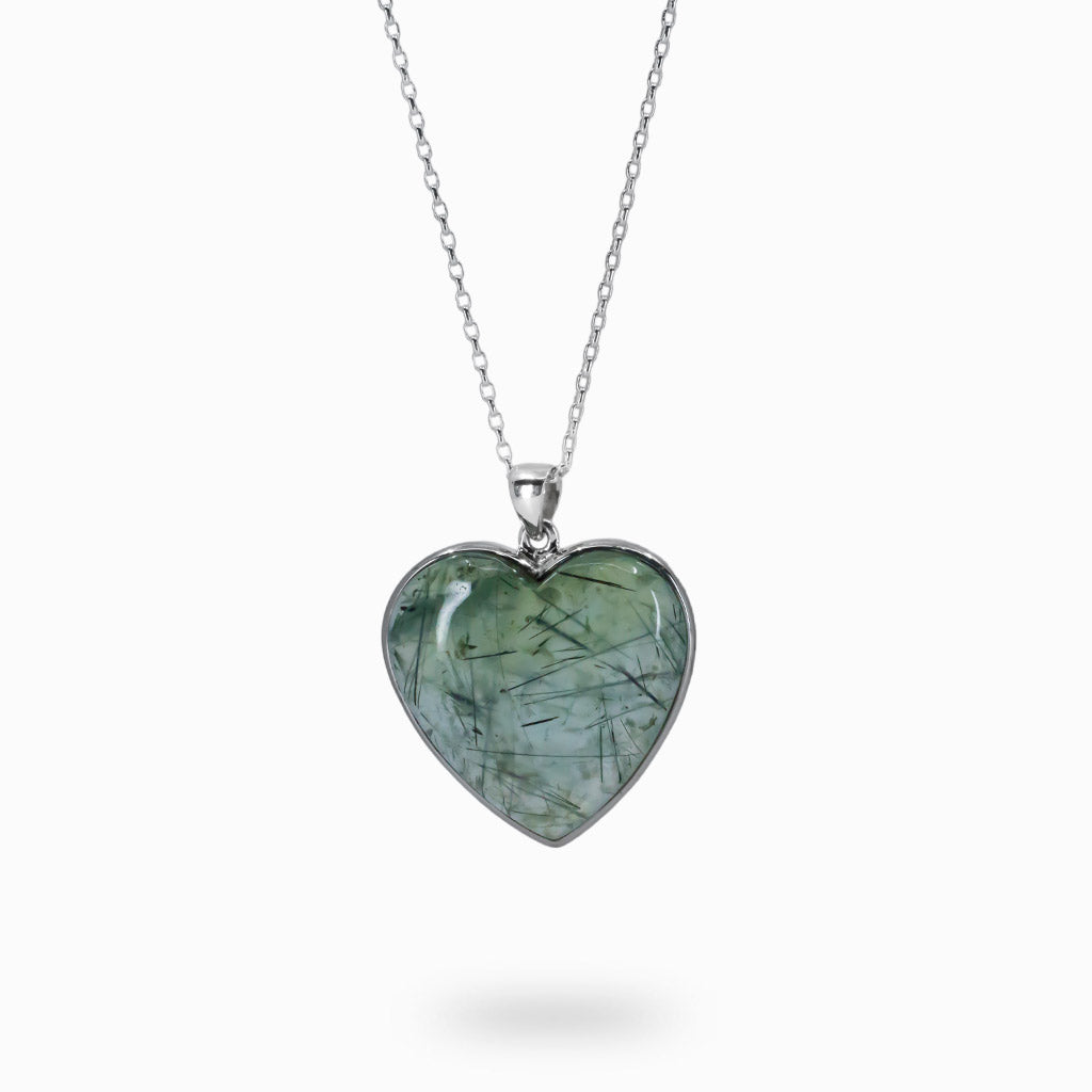 Green Epidote in Prehnite Heart Necklace in Sterling Silver