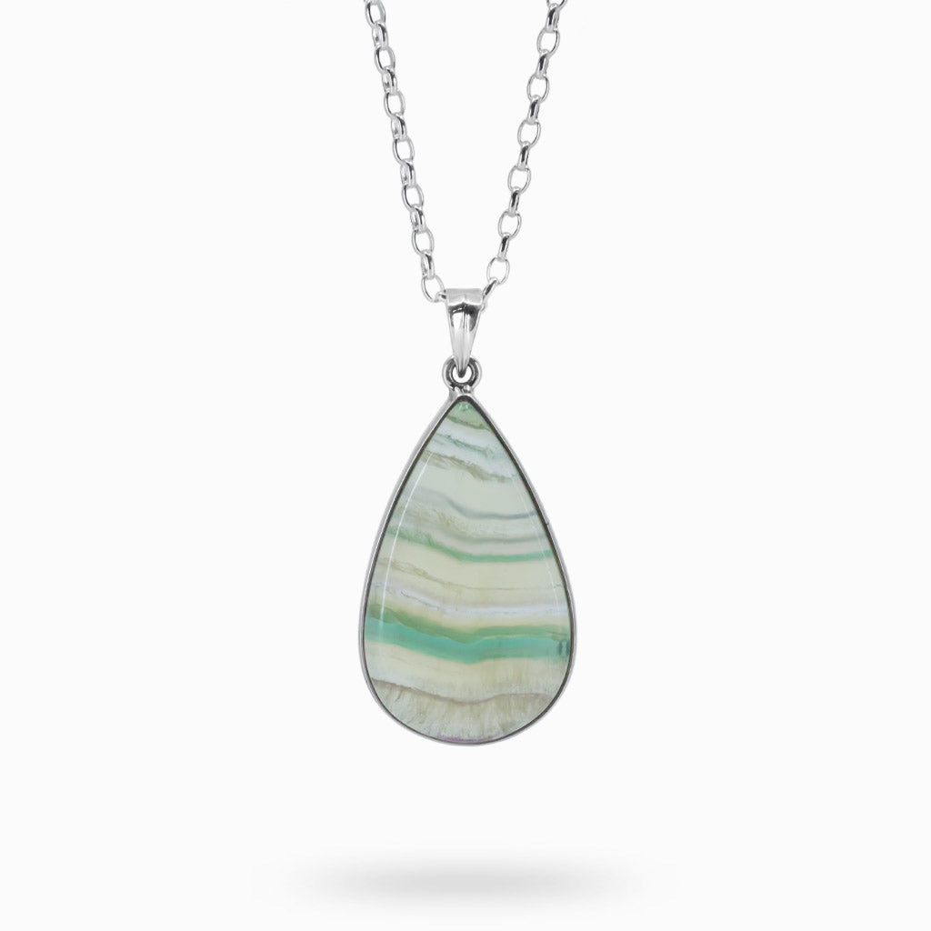 Green and Yellow Banded Fluorite cabochon Teardrop Necklace