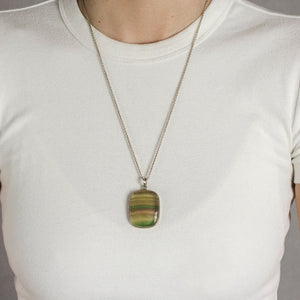 Model Wearing Green and Yellow Banded Fluorite Cabochon Necklace