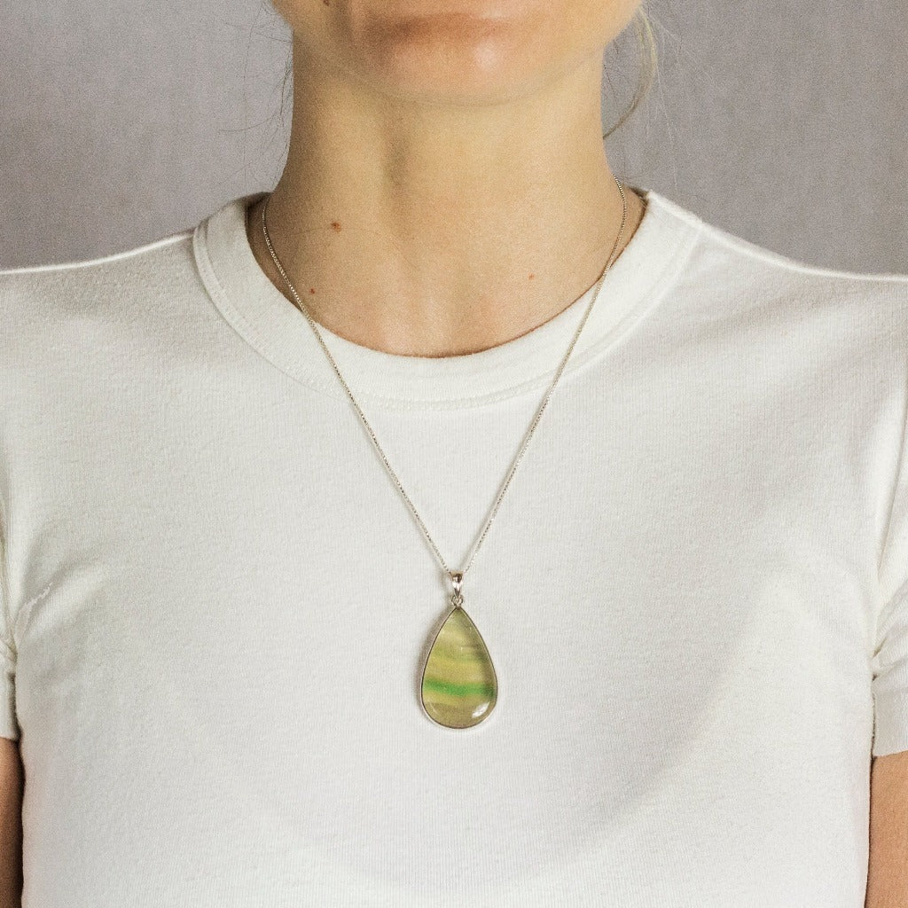 Green and Yellow Banded Fluorite Teardrop Necklace on Model