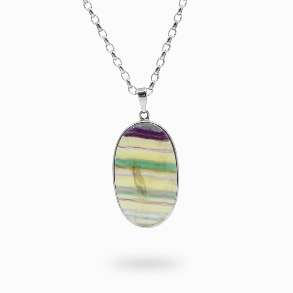 Green Yellow Purple Fluorite Cabochon Necklace in Sterling Silver