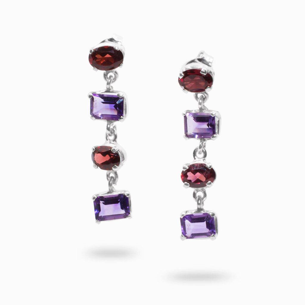 Facet oval and Square Garnet Amethyst Drop Earrings