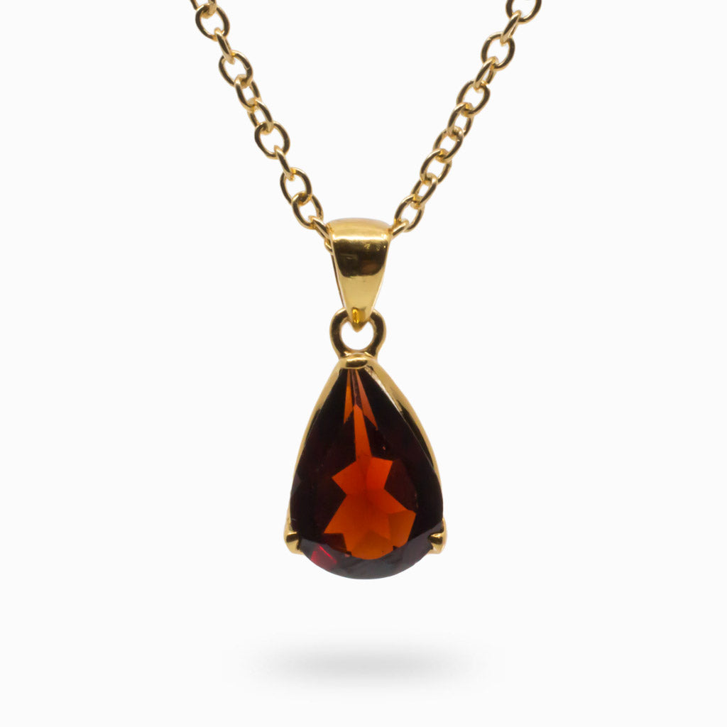 Dark Red Teardrop Garnet Necklace set in 14K Vermeil Gold with Claws