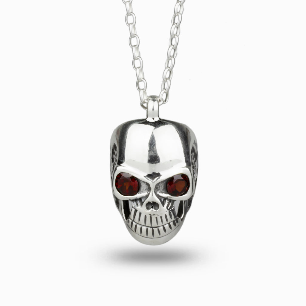 Skull Necklace with red Garnet gemstone for eyes Garnet Necklace made in earth