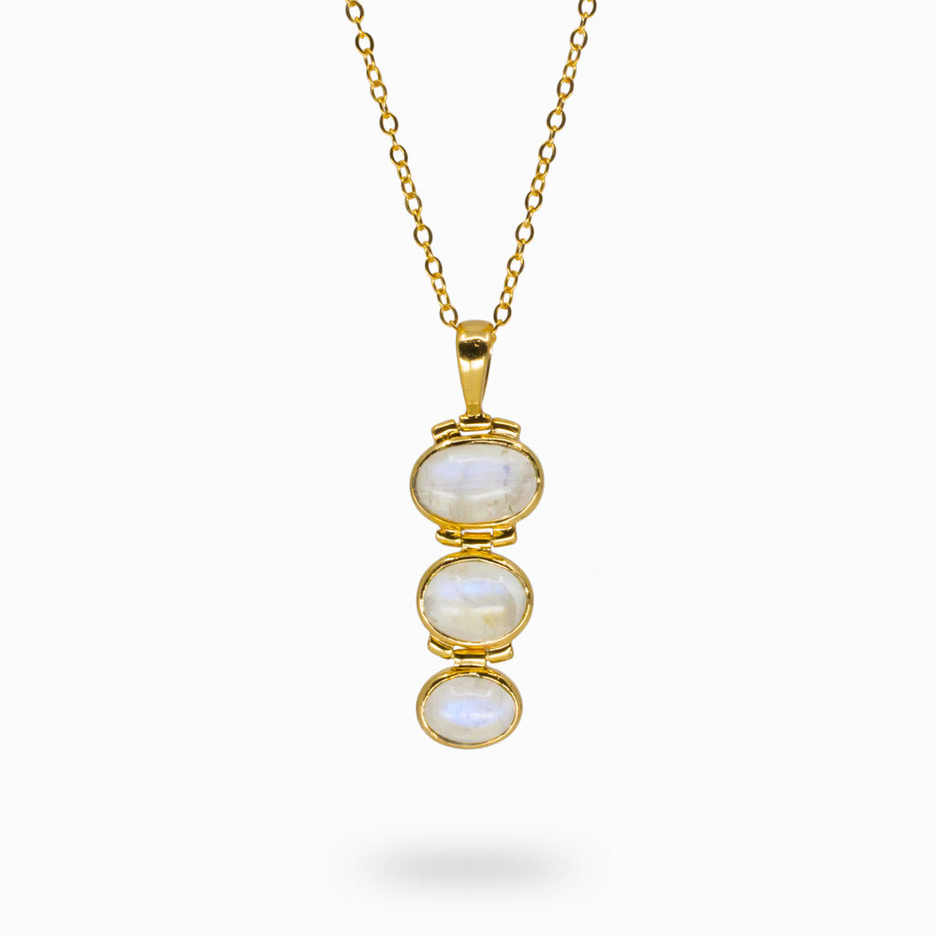 Three oval rainbow moonstone gemstones vertically dangling Rainbow Moonstone Necklace set in 14k vermeil Gold